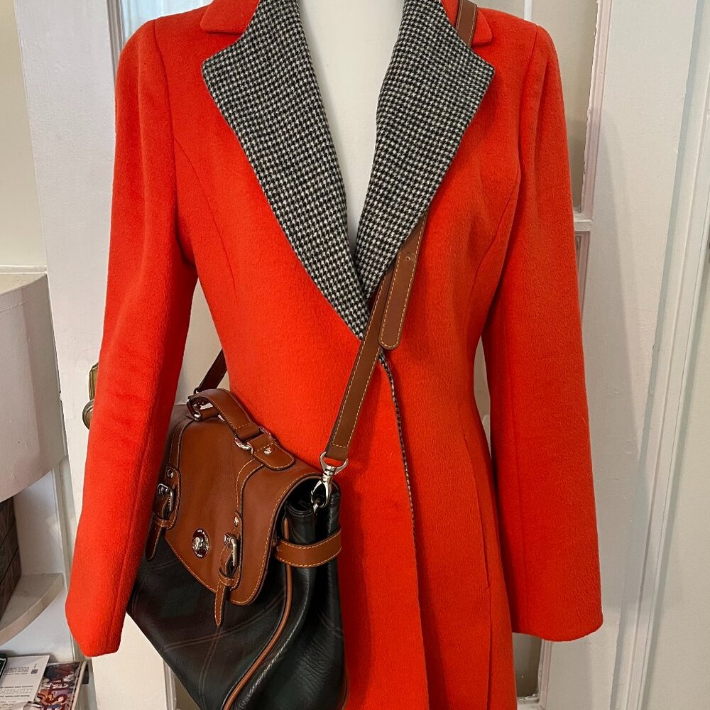 Korean Orange Wool Blend Coat – 58% Wool, Houndstooth Collar, Double Breast